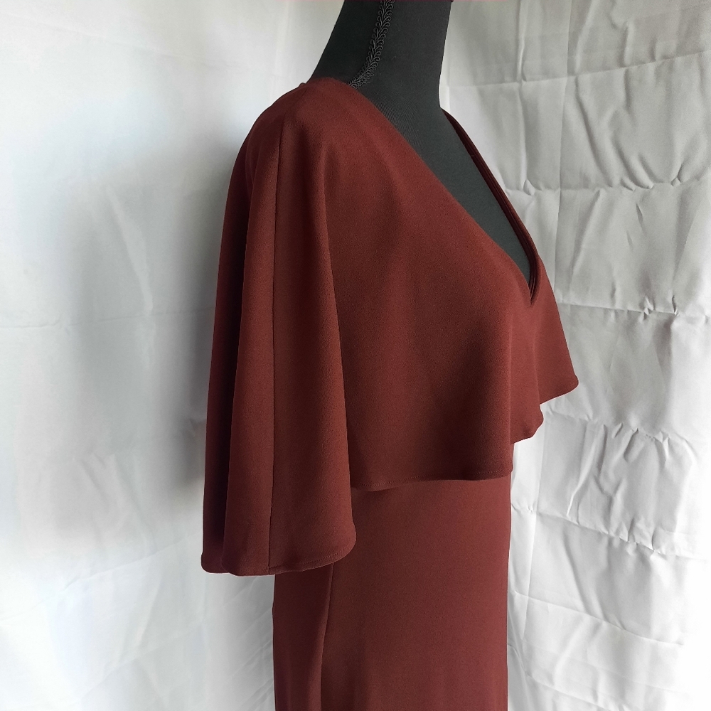 Belle Badgley Mischka Dress Size 4 Deep V Neck Burgundy Red Wine Cape Mini - Picture 5 of 16